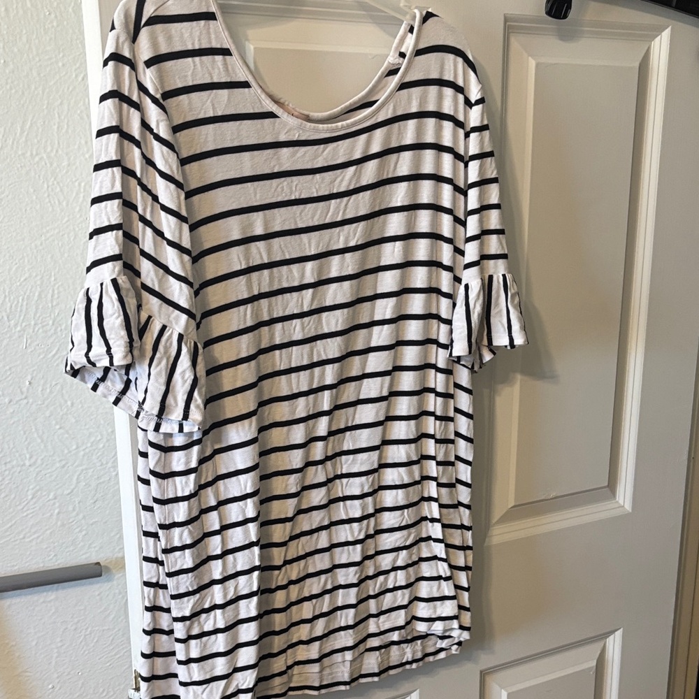 Black and White Striped Ruffle Sleeve Women's Top